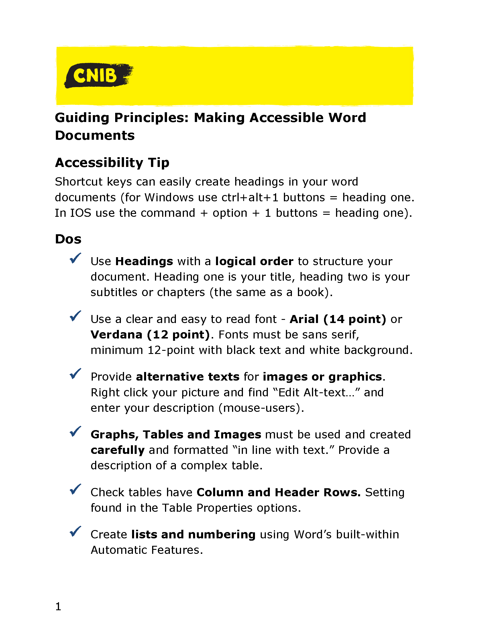 CNIB Guiding Principles:  Making Accessible Word Documents